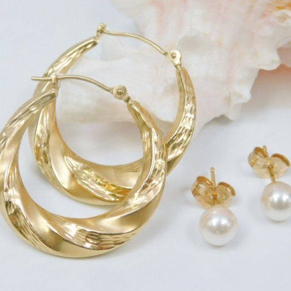 14K Yellow Gold Hoop & Pearl Stud Earrings 2.4g
